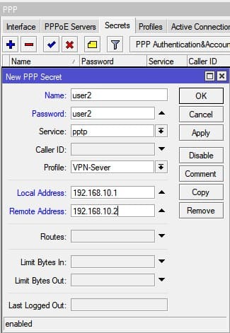 Настройка MikroTik VPN сервер PPTP, настройка учётной записи VPN клиента на сервере